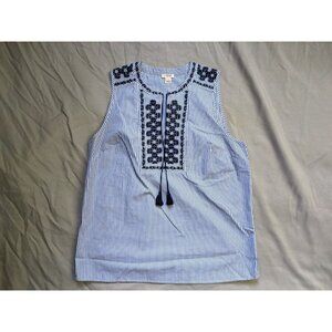 J.Crew Top Blue Striped Embroidered  Cottagecore Sleeveless Womens Size 8